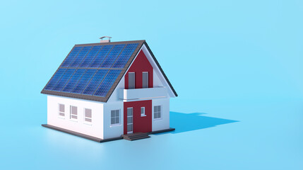 Toy house with solar panels on blue background - electric energy concept