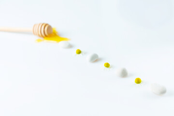 Fresh honey on a wooden stick and set of chamomile flowers and white decorative stones. soft focus