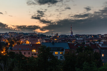 sunset over the Vrsovice district of Prague
