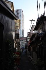 大阪の都会の中に残る古い民家の間から見える新しいマンション