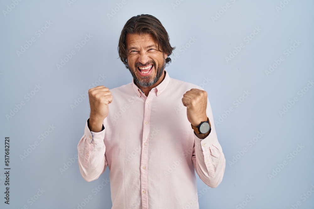 Sticker Handsome middle age man wearing elegant shirt background very happy and excited doing winner gesture with arms raised, smiling and screaming for success. celebration concept.