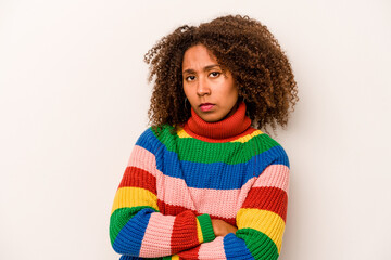 Young African American woman isolated on white background unhappy looking in camera with sarcastic expression.