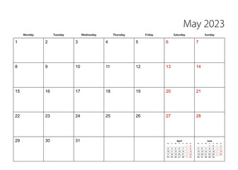 May 2023 simple calendar planner, week starts from Monday.