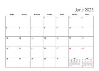 June 2023 simple calendar planner, week starts from Monday.