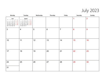 July 2023 simple calendar planner, week starts from Monday.