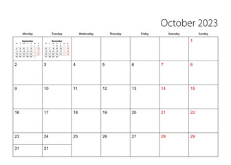 October 2023 simple calendar planner, week starts from Monday.