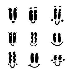 Set of old cartoon mascot character old animation eyes and mouths elements. Hand drawn different clipart for faces. Character creator for vintage retro logos and branding. Isolated vector illustration