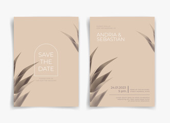 Brown wedding card or invitation card with leaf theme front side and back side. Nature wedding card. Nature cover. Wedding card template.