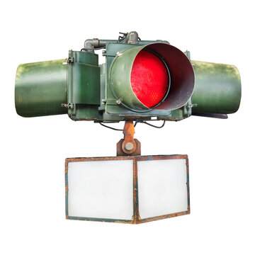 Vintage hanging usa traffic light and information box with copy space isolated on a white background