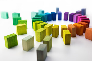 Gathering, centralization, of data and people, concept image..Circle of colorful wooden blocks...