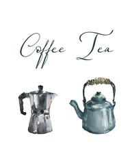 Watercolor teapot and coffee maker - the concept of choosing a tea or coffee drink