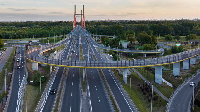 Drone photo of Siekierkowski Bridge in Warsaw capital city