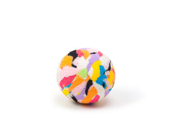 Multi-colored plastic ball with a soft fabric cover for playing with pets.