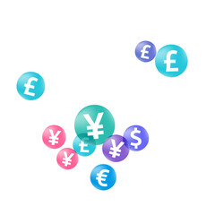 Euro dollar pound yen circle icons flying currency vector illustration. Income backdrop. Currency