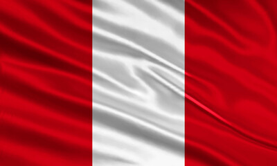 Peru flag design. Waving Peru flag made of satin or silk fabric. Vector Illustration.