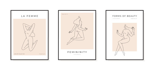 Trendy contemporary posters set. Minimal female silhouette Abstract woman body feminine design. Line art, Femininity, Mid century beauty concept, prints collection for wall decor. Vector illustration