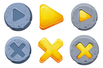 Set start and closed buttons on stone circle in comic cartoon style, ui game design element, interface object isolated on white background.