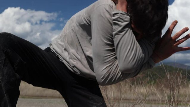 contact improvisation. man dancing in nature
