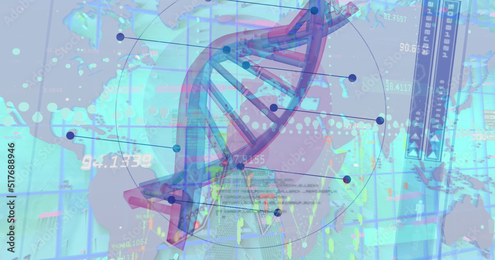 Poster image of dna strand over data processing and world map