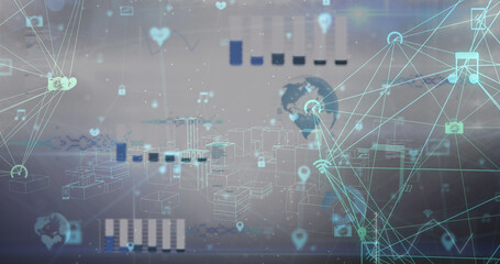 Image of data processing and network of connections over blue background