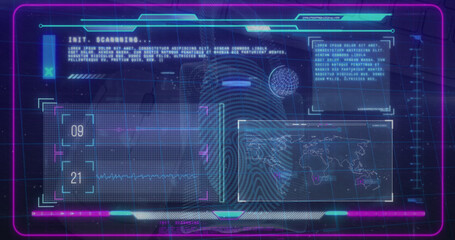 Obraz premium Image of data processing on moving screens over blue background