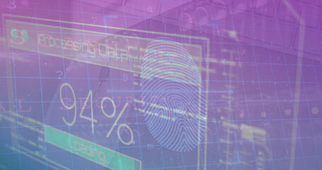 Image of data processing on moving screens over purple background