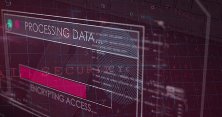 Image of data processing and security fingerprint over blue background