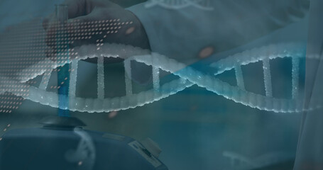 Image of spinning dna strand an data processing over caucasian scientist in laboratory