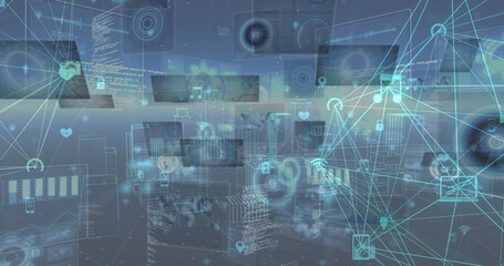 Image of data processing on moving screens over blue background