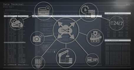 Image of network of connections with icons over data processing on black background