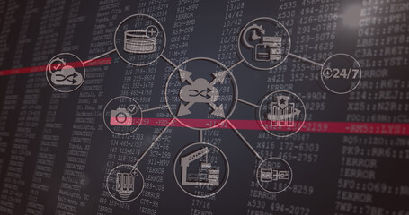 Image of falling icons over data processing on dark background