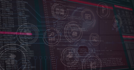 Image of icons over data processing on black background