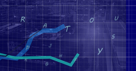 Image of letters and data processing over cityscape