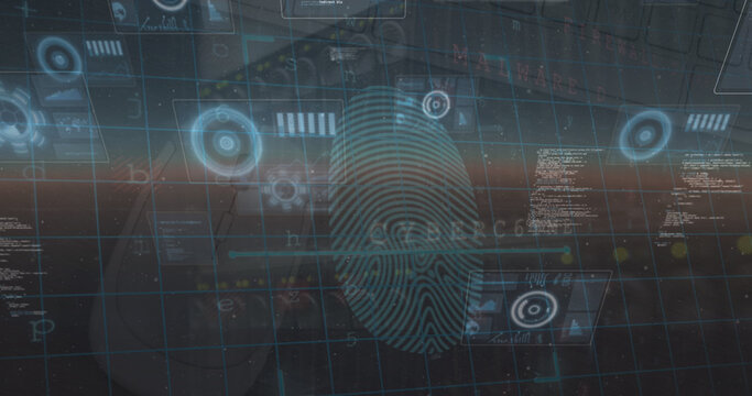 Image of data processing and security fingerprint over blue background