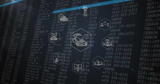 Image of icons over data processing on black background