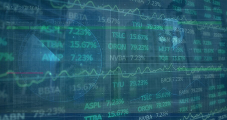 Image of stock market and scope scanning over cityscape