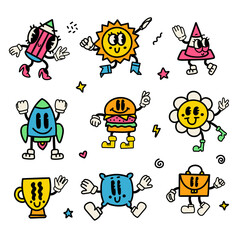 Set with retro cartoon funny comic characters with gloved hands. Contemporary mascots with cute comic faces. Vintage vector illustration.