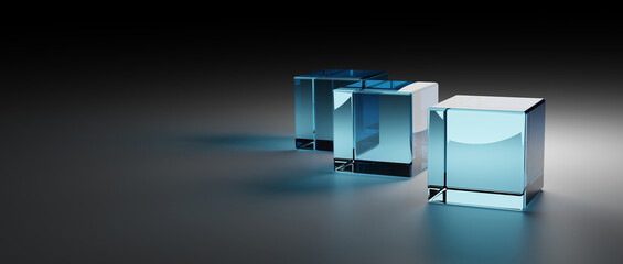 Transparency, clear, pure, concept image, Three light blue glass cubes or blocks in dark background. 3d render, 3d illustration.