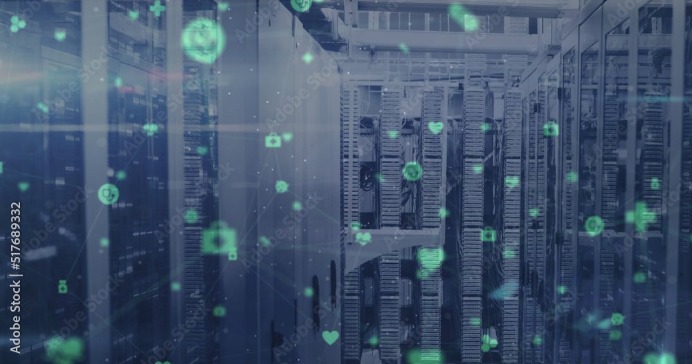Poster image of data processing and network of connections over server room