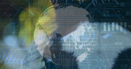 Image of data processing and globe over horse