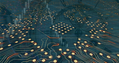 Image of computer circuit board over data processing and clock