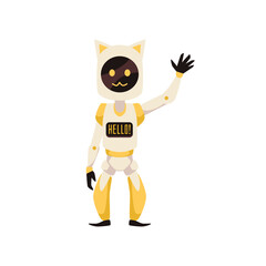 Cute yellow mascot robot with cat face and ears saying hello and waving flat style