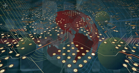 Image of computer circuit board over globe and shapes on blue background