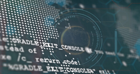 Image of scope scanning over globe and data processing on black background
