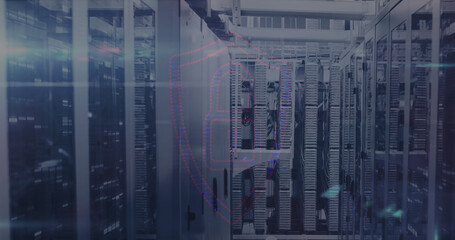 Image of data processing and padlock icon over server room