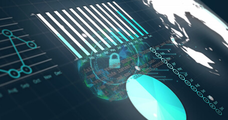 Image of data processing over globe and padlock icon