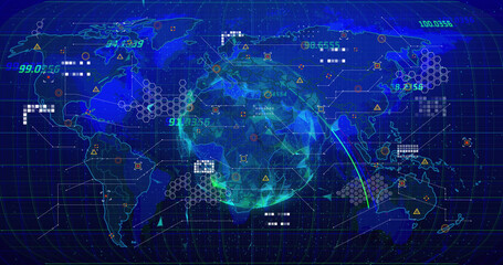 Fototapeta na wymiar Image of world map with data processing over globe