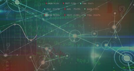 Image of question mark icons over network of connections and data processing on blue background