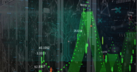 Image of network of connections over financial data processing and server room