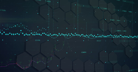 Image of financial data processing over shapes on black background